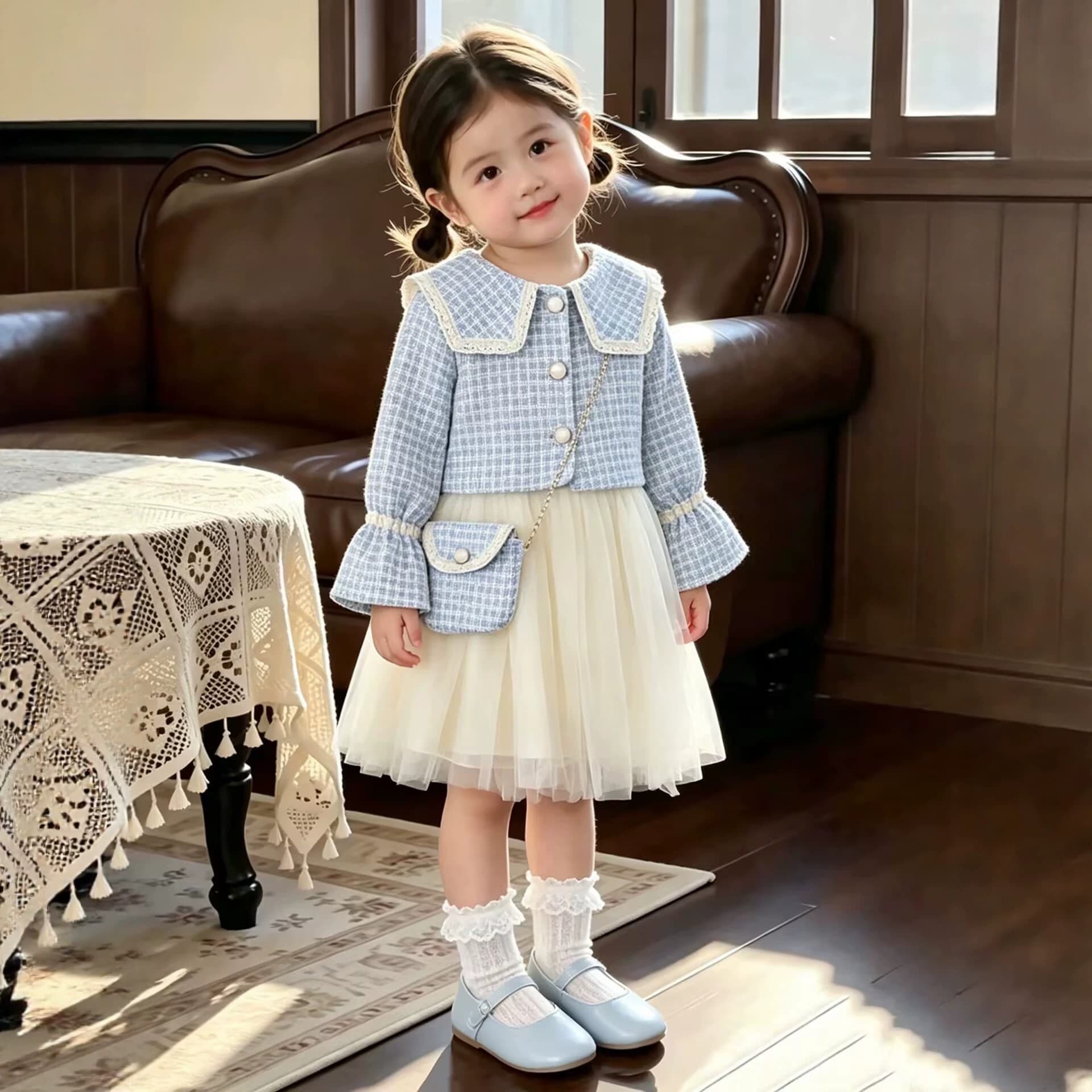 2026 Autumn Girls Houndstooth Big Collar Plaid Coat Sleeveless Vest Tulle Skirt Crossbody Bag 3-Piece Set