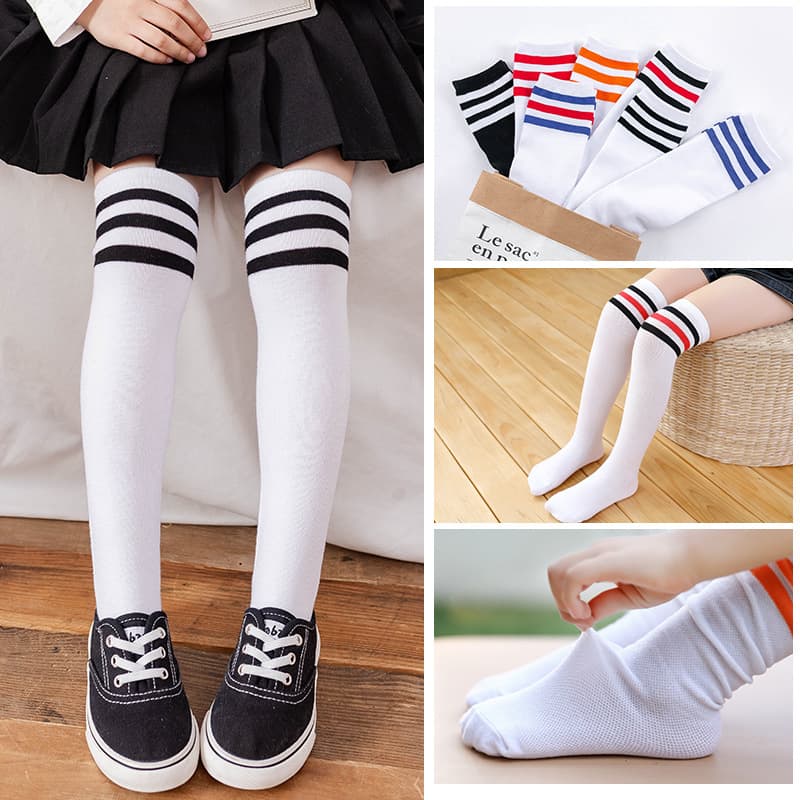 Children's Long Tube Socks Football Mid-Calf Dance Performance Socks Breathable Sweat Absorbent Cotton Striped Solid Color Socks