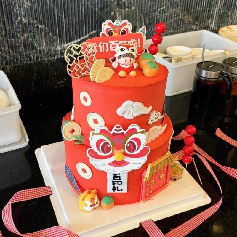 New Chinese Style National Trend Lion Dance Boy Girl Cake Decoration Baby Birthday 100 Days Full Moon Dessert Table Decoration Insert