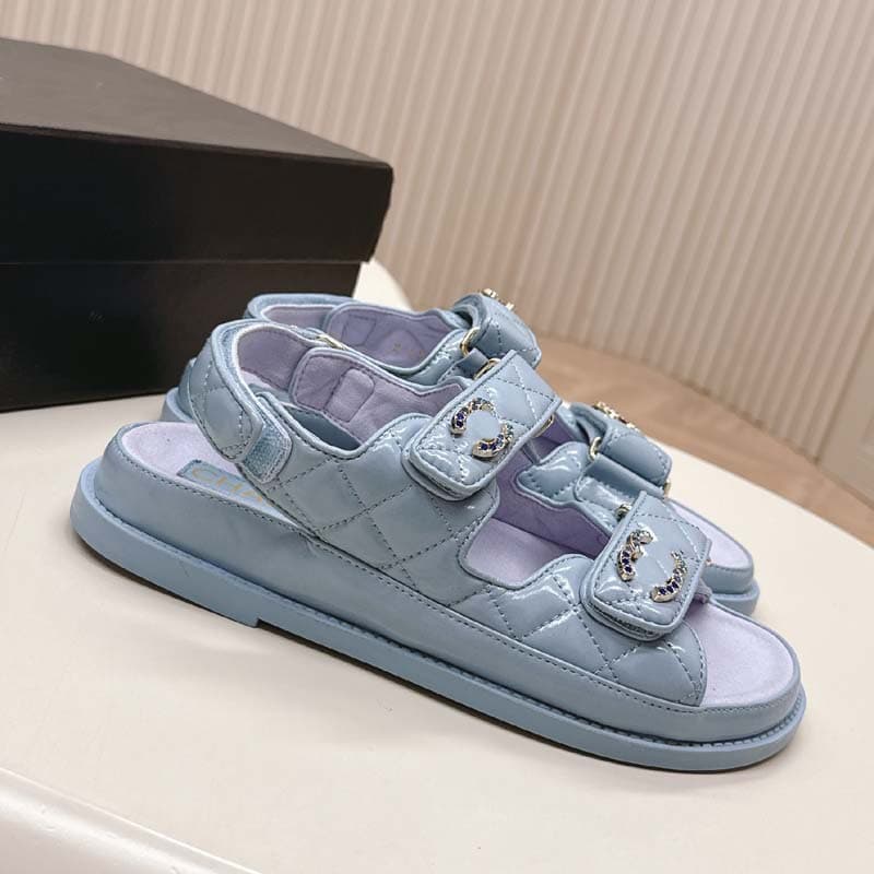 Guangzhou Luxury Brand Original Label Boutique-Quality Genuine Leather Women's Shoes, Chanel-Style Quilted Thick-Soled Patent Leather Sandals with Velcro