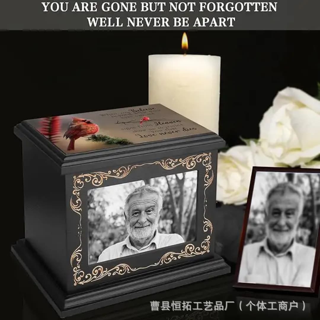 Ready stock: Solid wood human ash box with photo attachment, dedicated funeral coffin, wooden cremation memorial case.