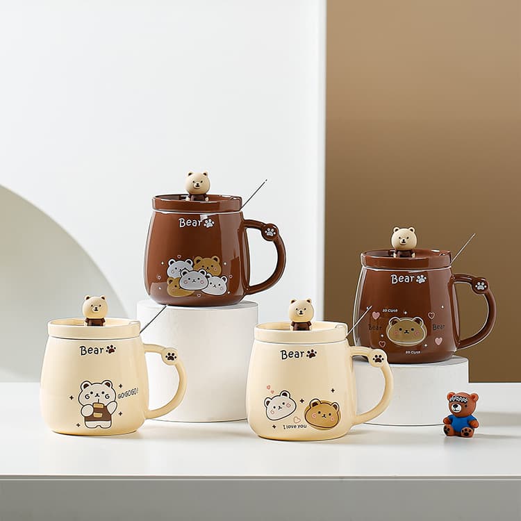 Creative Cartoon Bear Ceramic Mug with Lid and Spoon, Couple Water Cup, Home Coffee Cup, Gift, Drop Shipping