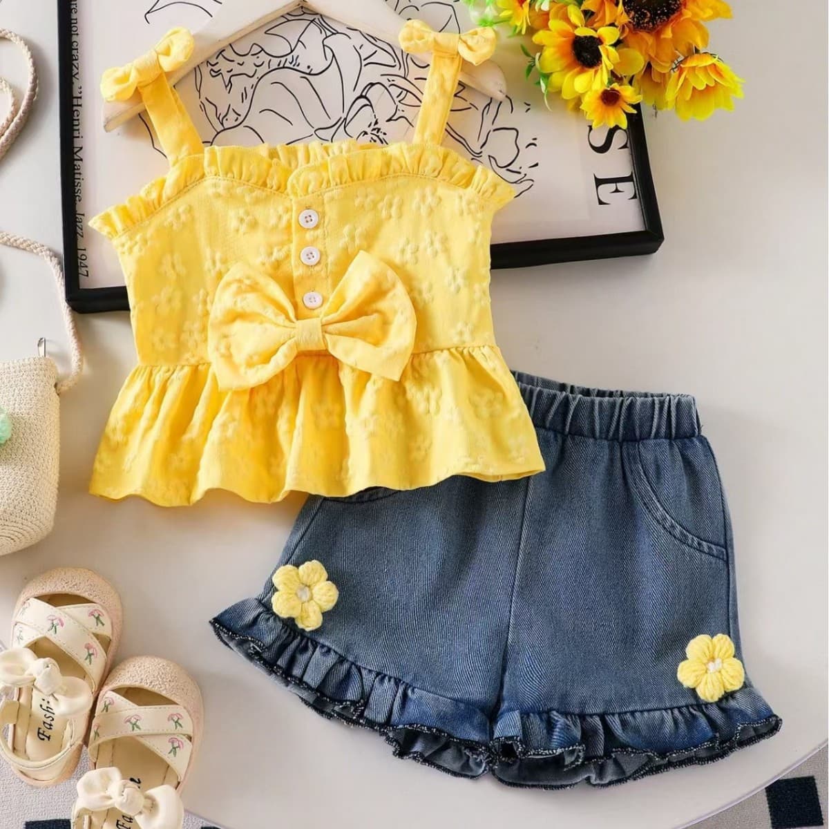 Baby clothing Kids set Children outfit bow suspender flower denim shorts