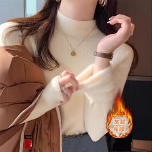 Autumn Winter Fleece Lined Knit Sweater Women Base Layer Winter Half High Neck Thick Warm Inner Wear Mink Velvet Knit Top