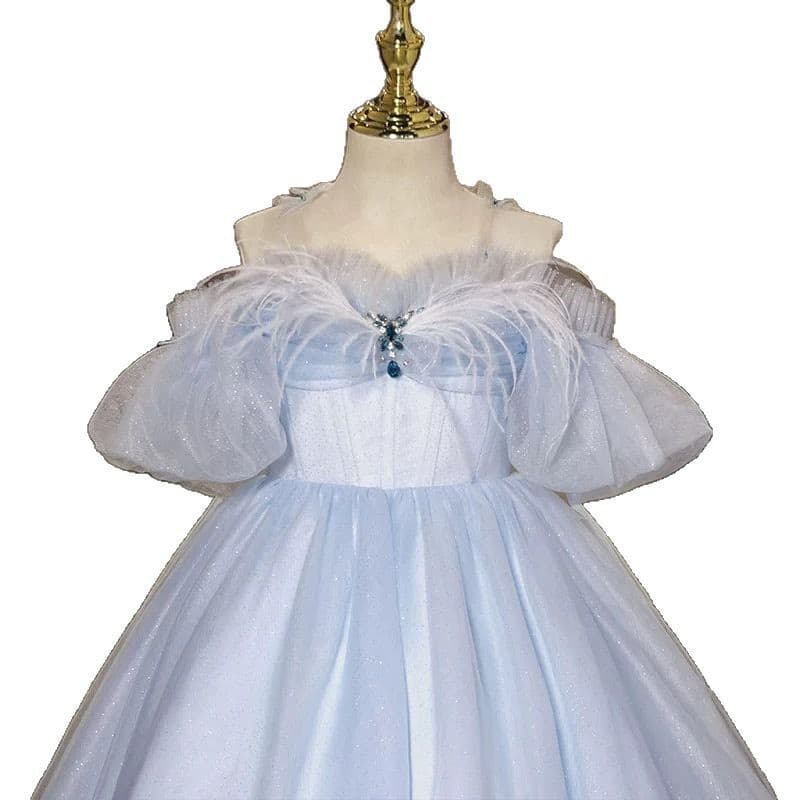 Children's High-End Formal Dress Luxury Unique Blue Host Piano Performance Outfit Girl Birthday Princess Dress