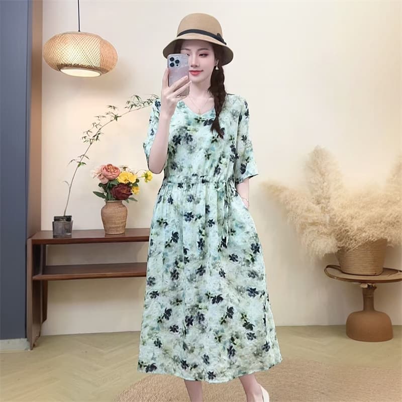 2025 New Style Long-Sleeved Dress, Fashionable New Floral Print Plus Size, Slimming Mid-Length Dress