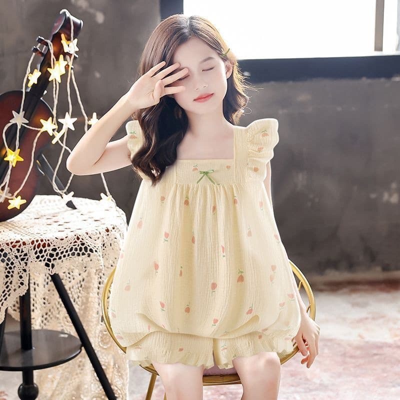 Summer Home Pajamas for Girls Baby Girls Sleeveless Camisole Shorts Thin Homewear Set Mesh Fabric Tencel