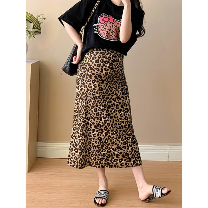 Summer Maternity Ice Silk Leopard Print Midi Skirt with Button Elastic Waist High Stretch Tummy Control
