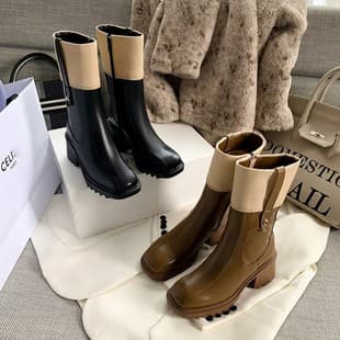 Women's Martin Boots British Style 2024 Autumn Winter Square Toe Fashion Mid-Calf Short Boots Retro Color Block Chelsea Boots Women's Shoes Wholesale