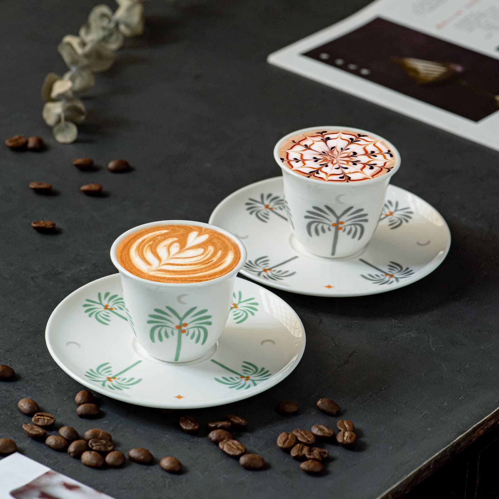 Middle Eastern Style Date Palm Tree Gray/Green Ceramic Turkish Coffee Cup & Saucer Set 6 Cups 6 Saucers Cross-border Arabic Style