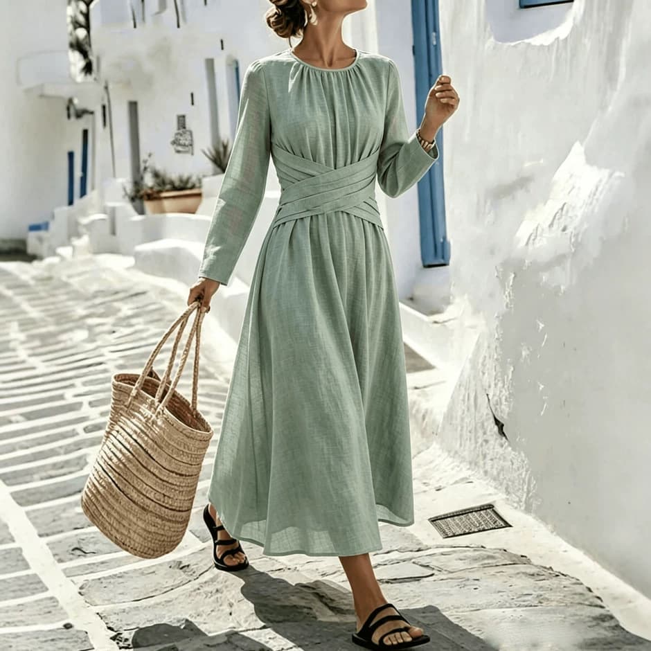 2026 New European and American Cross-Border French Round Neck Long Sleeve Cross-Waist Pleated Vacation Dress for Women Elegant Maxi Dress