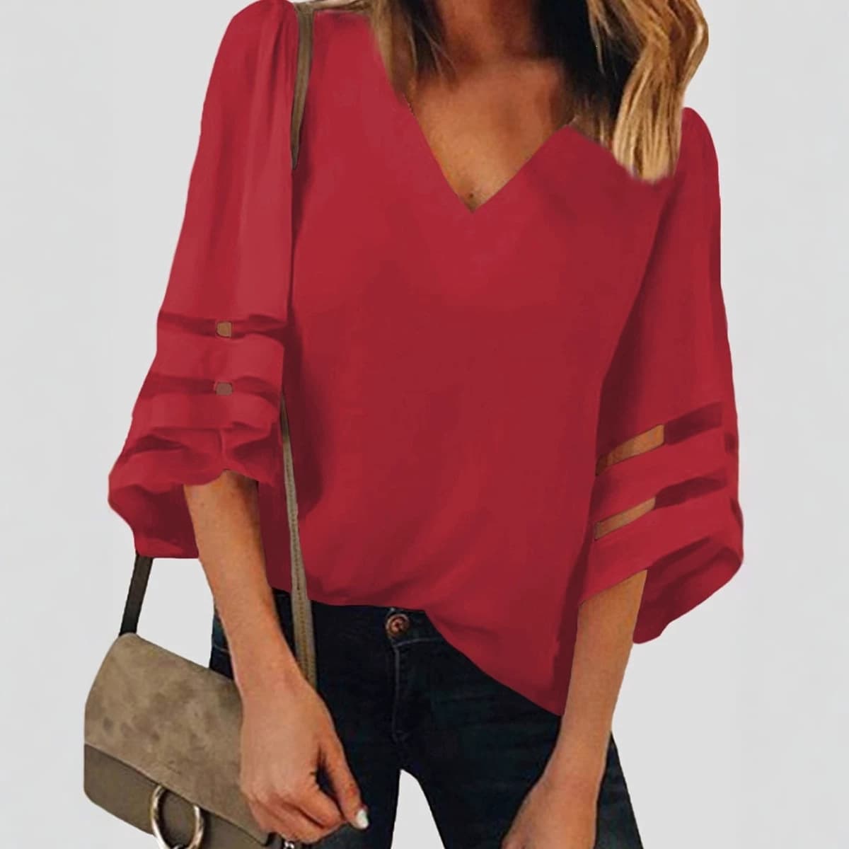 European and American Fashion Solid Loose V-Neck Three-Quarter Sleeve T-Shirt for Women 2025 Summer New Shirt-Style Casual Top