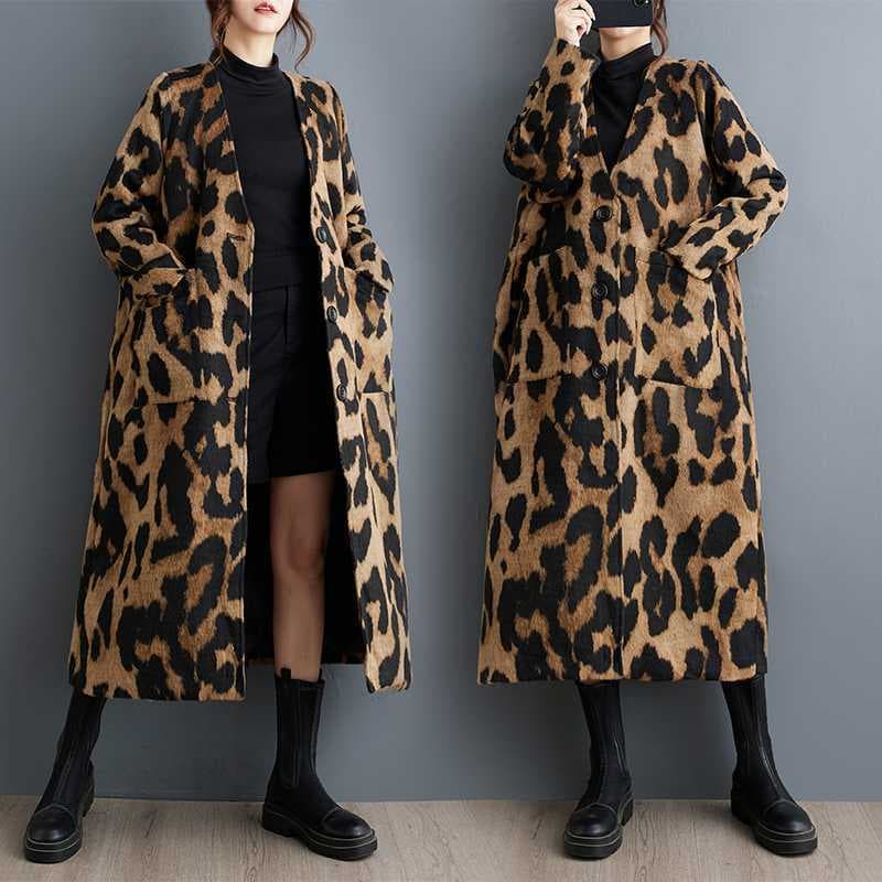 Real Shot 2024 Autumn New Loose Retro Fashion Leopard Print Mid-Length Double-Layer Wool Blend Versatile Trench Coat