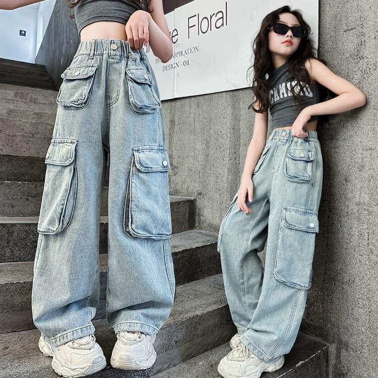 Girls' overalls jeans, spring and autumn children's straight leg pants, Korean style, trendy, loose, wide-leg pants, cross-border e-commerce.