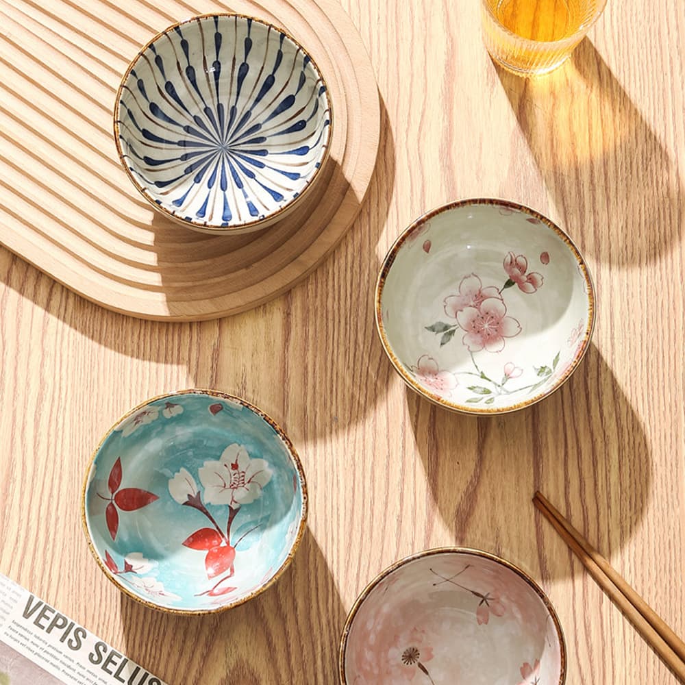 New Cross-Border Cherry Blossom Bowl Household Rice Bowl Noodle Bowl Tableware Small Bowl Ceramic Under-Glaze Color Bowl Vintage Rice Bowl