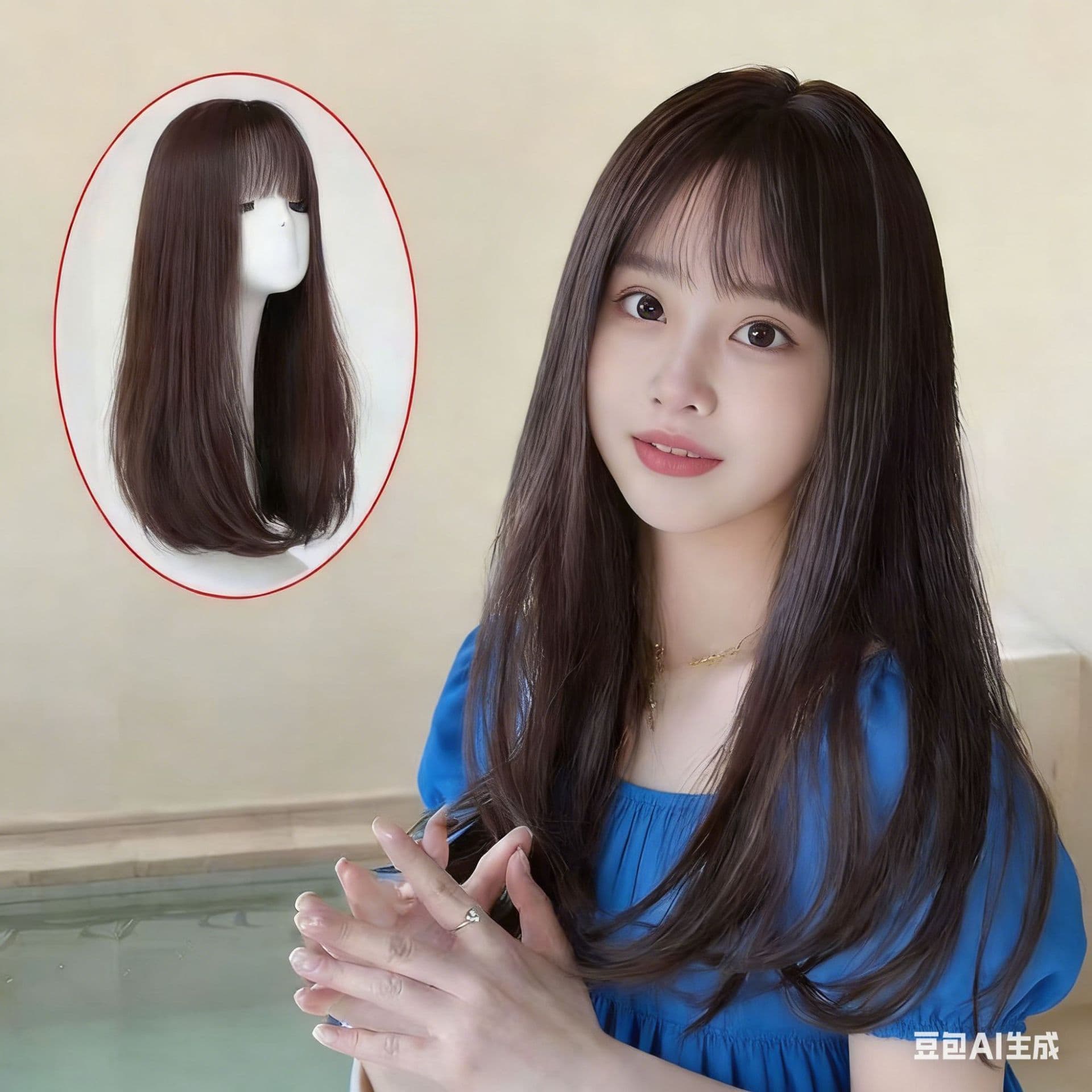 Women's Wig, Full Head Wig, Real Hair, Simulated Human Hair, Layered Medium-Long Hair, Slightly Inwardly Curled, Collarbone-Length, Voluminous, Korean Fashion Style