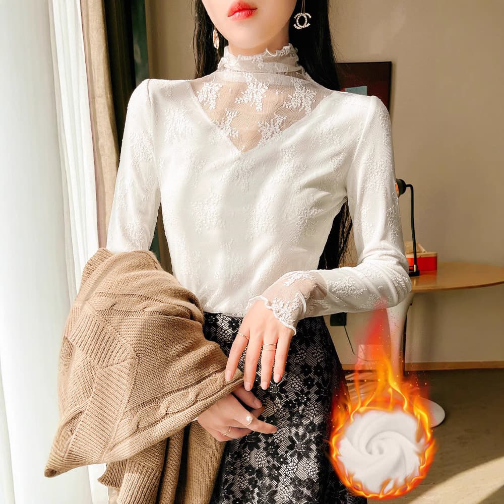 High neck fleece-lined lace base layer for women, autumn/winter style chic thickened inner wear, ruffle trim sheer shirt, sexy mesh top.