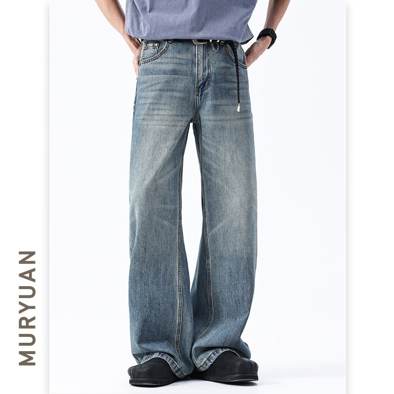 Muyuan Men's Vintage Washed American Retro Blue Jeans Casual Japanese Style A-Line Pants