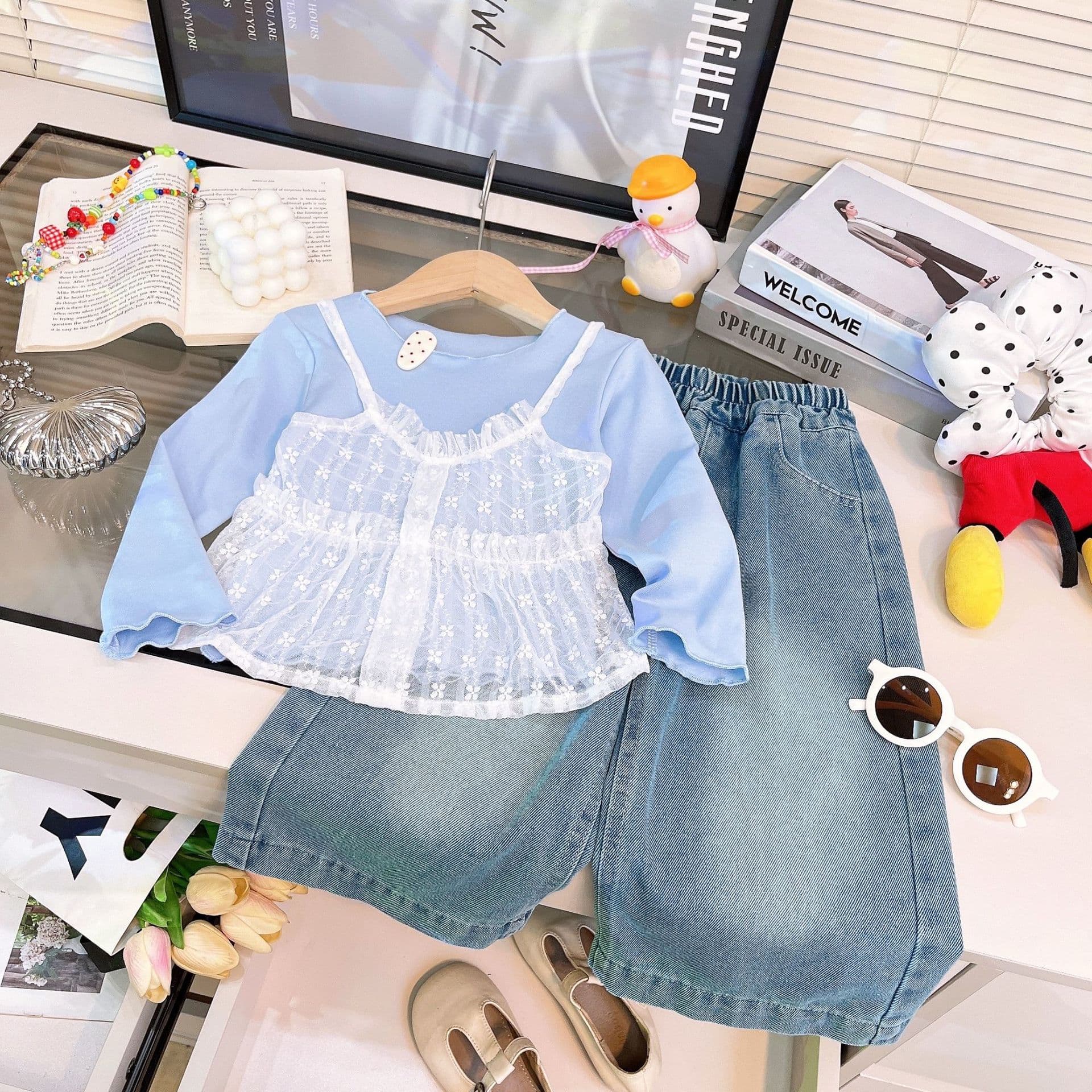 Girls 2026 Spring and Autumn New Set Cute Lace Fake Two-piece Top and Jeans Two-piece Foreign Trade Children's Clothing