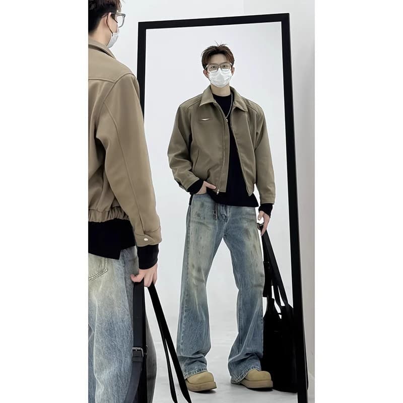 Khaki American-Style Padded Shoulder Jacket for Men, Spring/Autumn Notch Lapel Cleanfit Executive Jacket, Retro Short Baseball Jacket