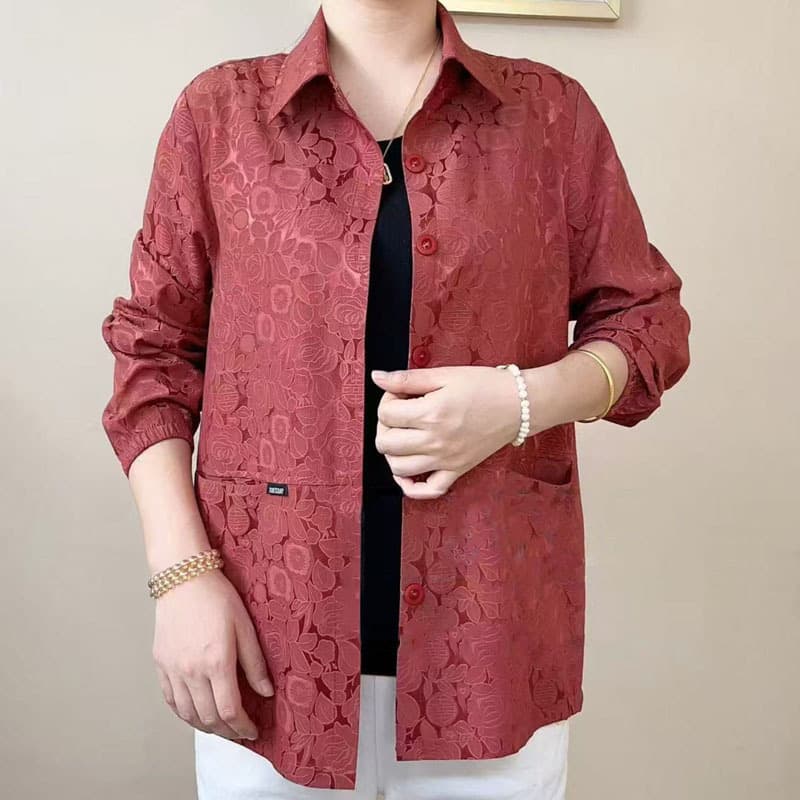 Double Happiness Rose Fashion Lapel Solid Color Thin Breathable Sun Protection Jacket for Middle-Aged and Elderly Women, Long Sleeve Coat for Spring and Summer