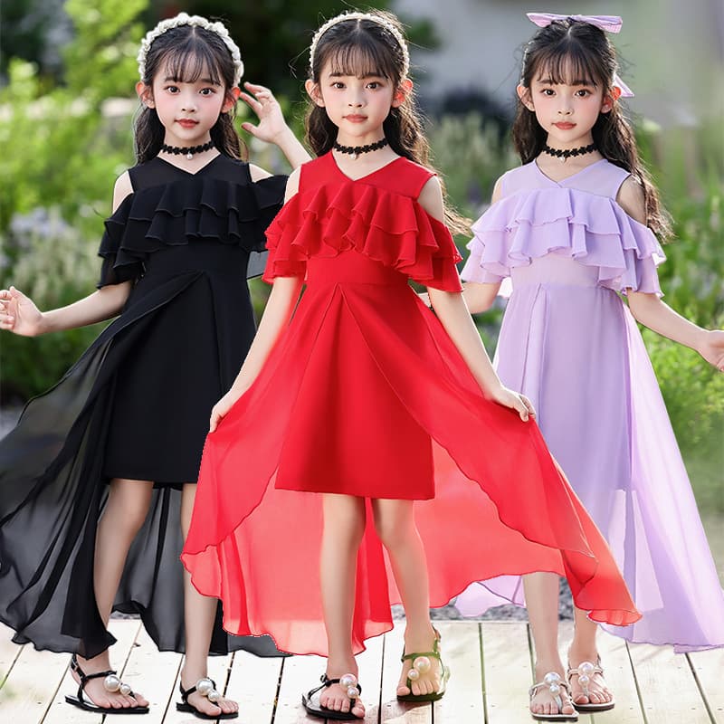 Girls' Dress 2026 New Summer Chiffon Floral Fashion Thin Mid-Large Kids Long Skirt Princess Style Summer