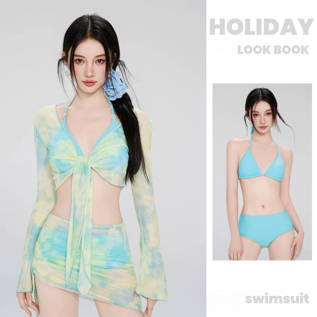 Bikini swimsuit for women with long sleeves, beautiful girls with small breasts, four-piece set, slimming and whitening, suspender neck, seaside