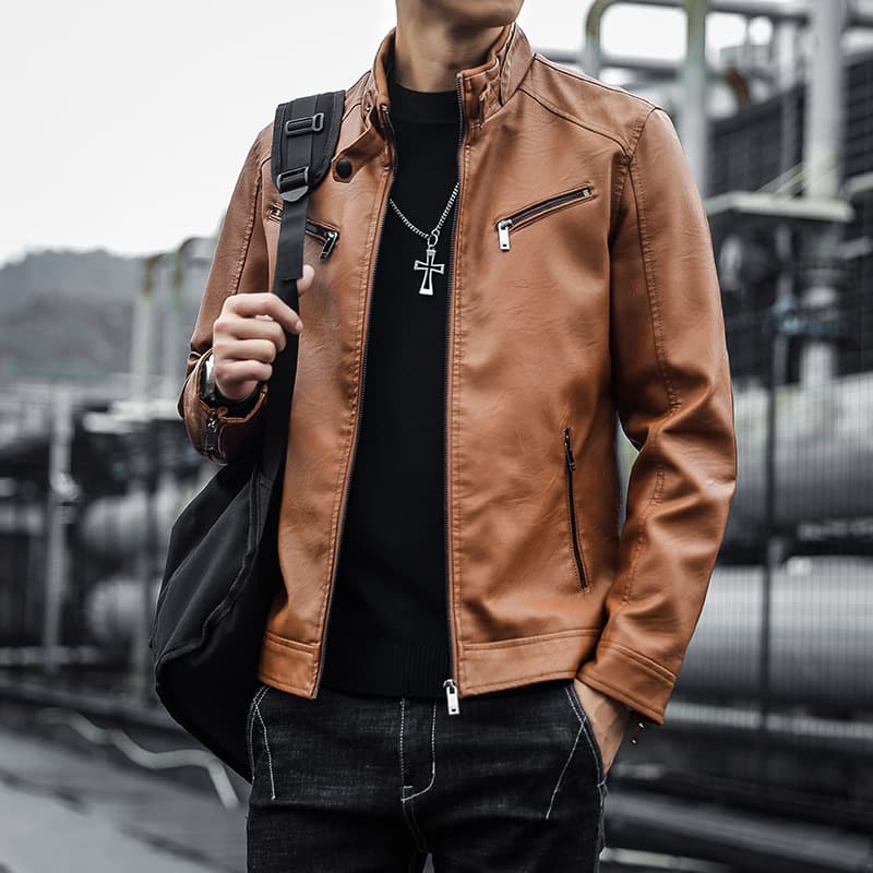 Cross-border Amazon Men's PU Leather Jacket, Trendy Teenager Stand Collar Punk Men's Motorcycle Leather Jacket