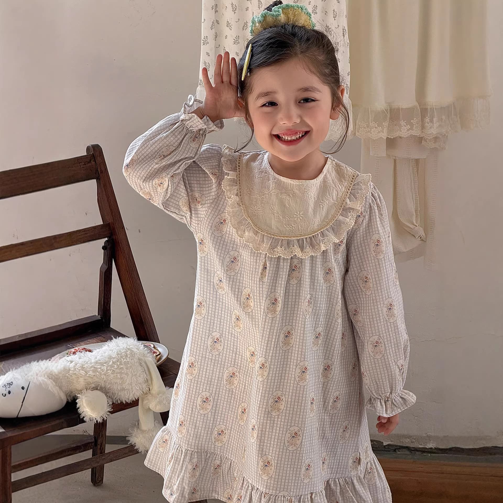 Girls' Princess Nightgown Children Spring Autumn Pure Cotton Gauze Long Sleeve French Pajamas Baby Home Dress