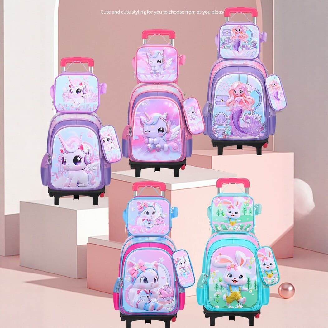 Factory Stock 3D Leather Elementary School Nylon Fabric 3-Piece Set Kids Trolley Backpack Lunch Bag Pencil Case New Style
