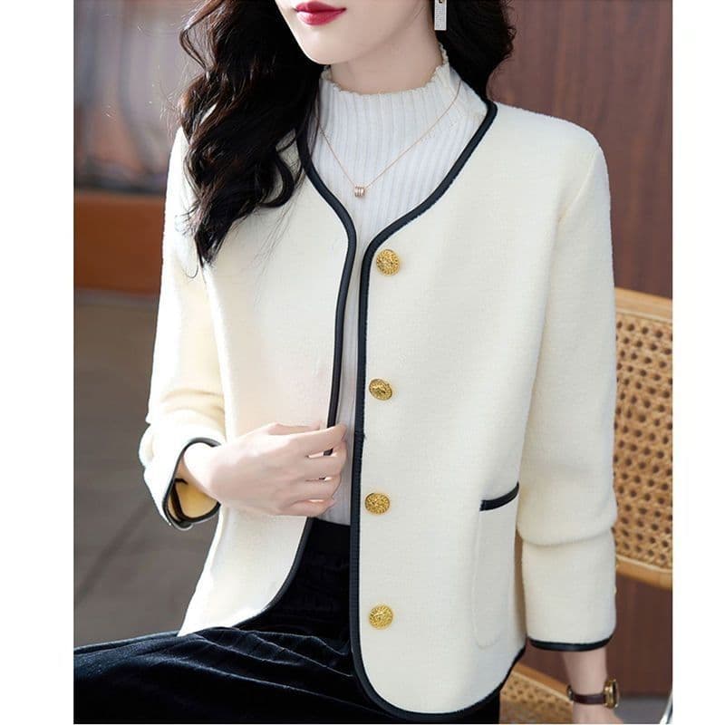 Spring Autumn Winter New Jacket Women Small Fragrance Style Korean Round Neck Contrast Color Casual Top Loose Fashion Versatile Cardigan Women