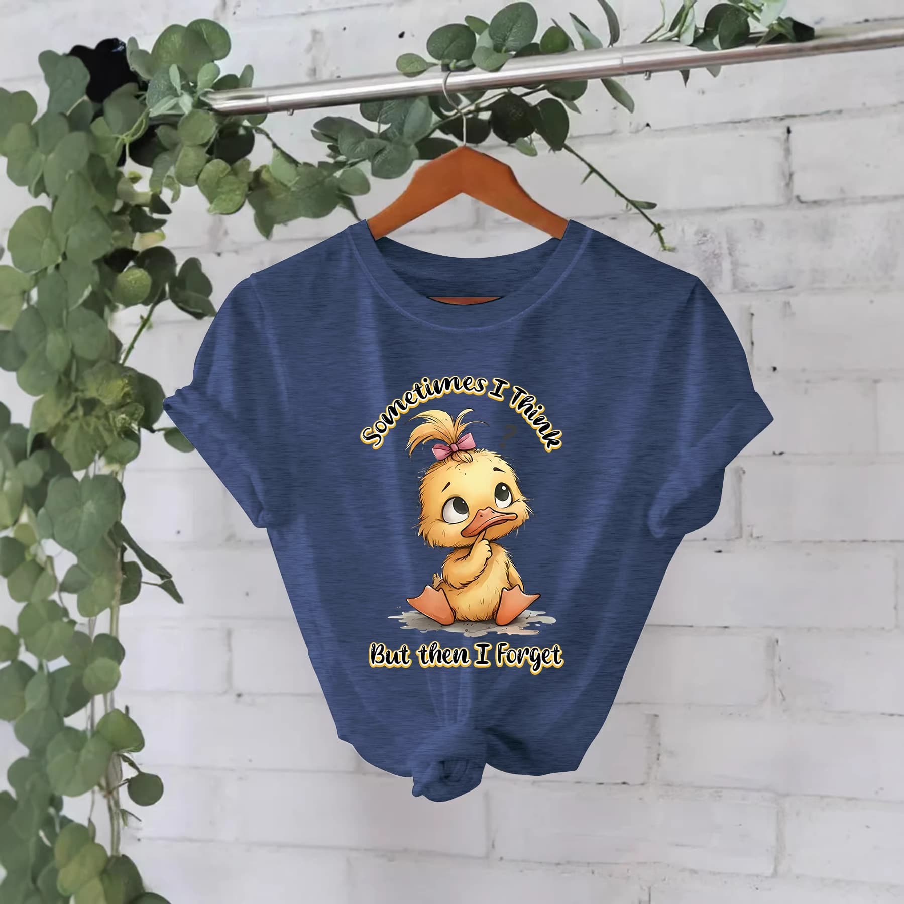 Cute Duck "Sometimes I think too much but then forget" slogan printed t-shirt casual round neck short sleeves