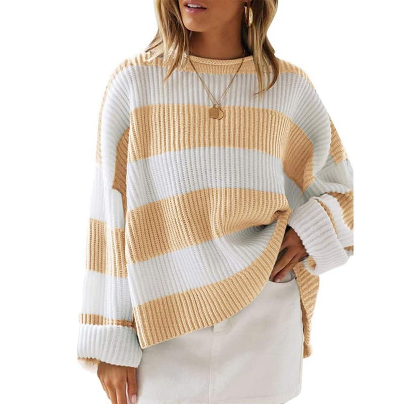 Elegant Round Neck Long Sleeve Knit Sweater Women's Fall Winter New Style European and American Striped Loose Casual Pullover Top