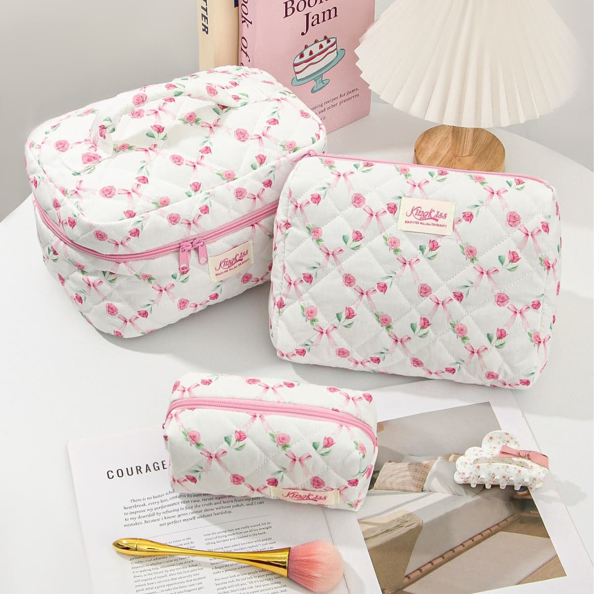 Beige Bag Cotton Bag Pink Bow Cosmetic Bag Travel Toiletry Storage Bag Portable Bag Factory