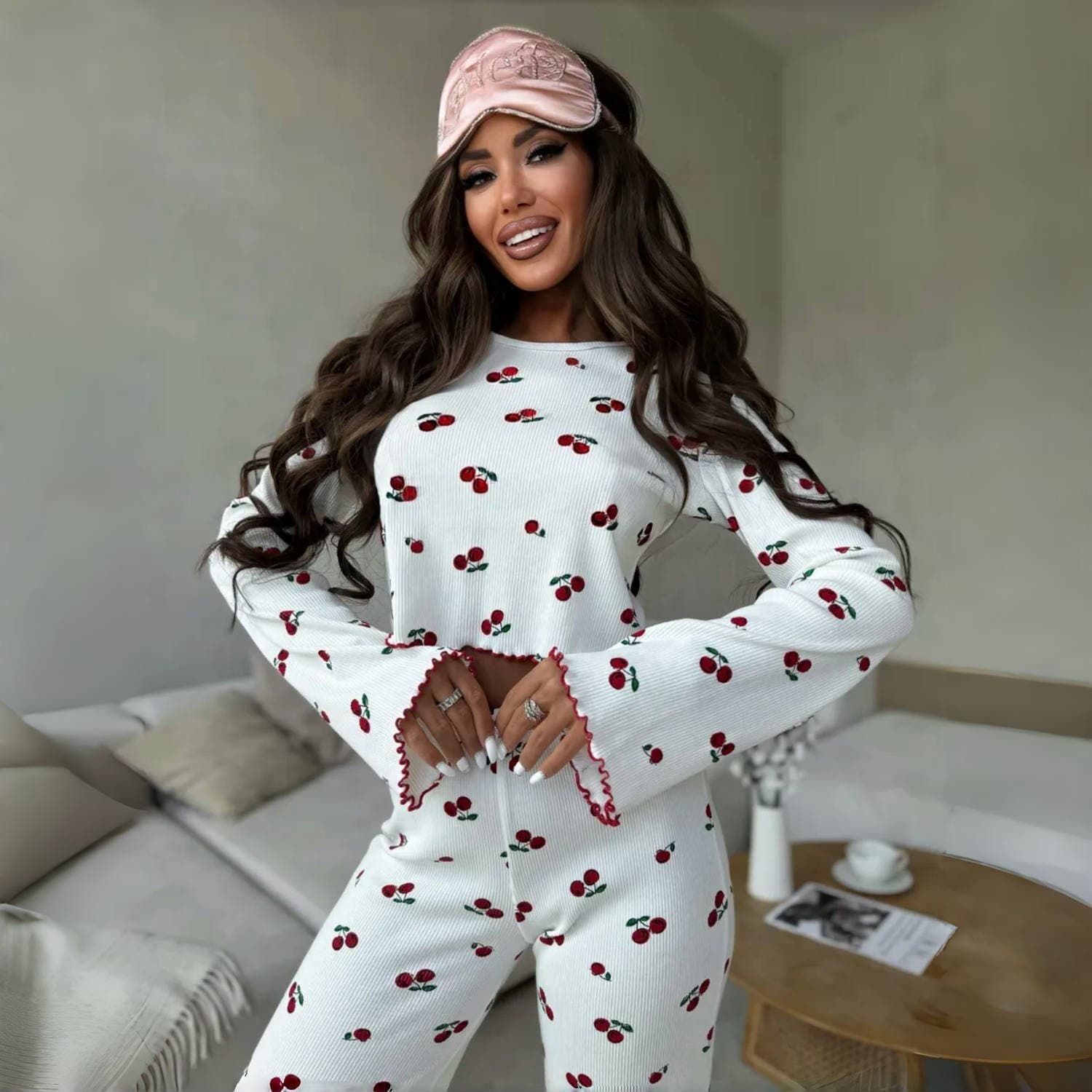 Women's Pajama Set for Cross-Border EU/US Market, Spring/Autumn Long-Sleeve Flared Sleeve Printed Rolled Hem Top and Long Pants Loungewear Two-Piece Set
