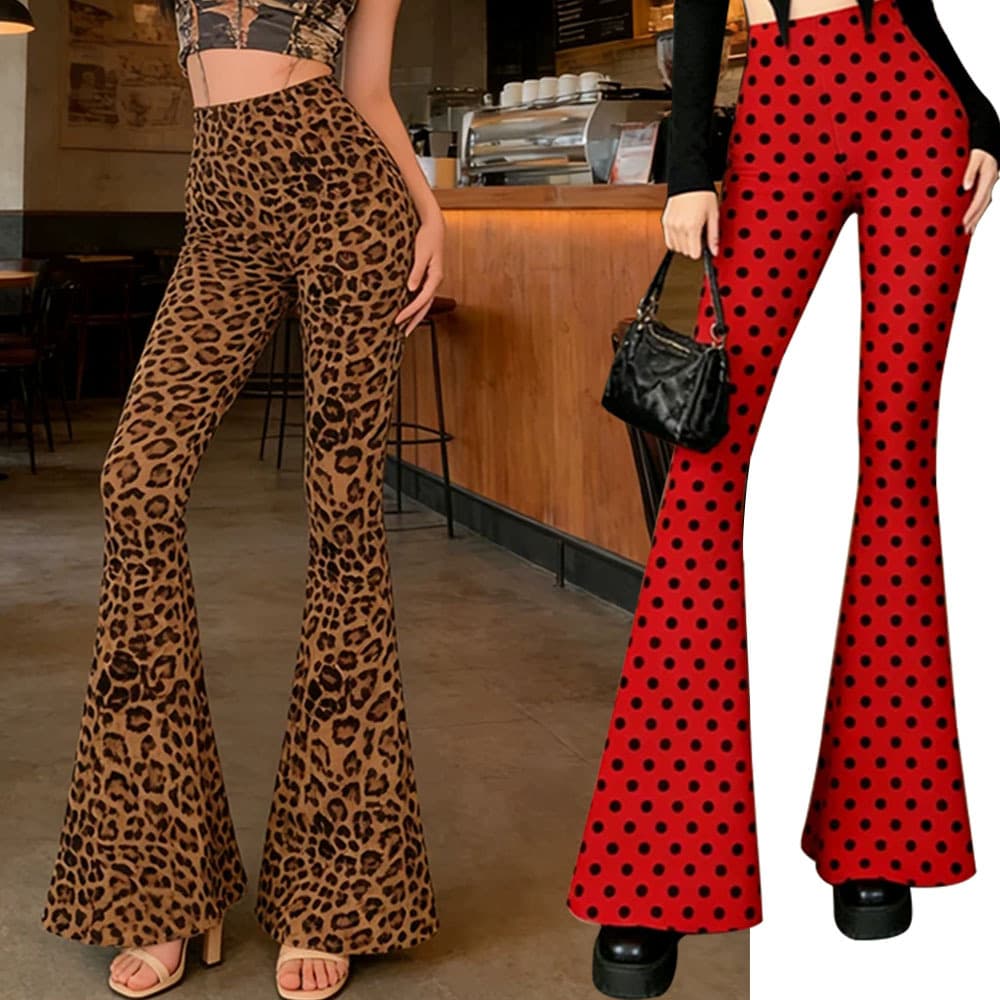European and American Sexy Women's Leopard Print Butt-Lifting Flared Pants Digital Print Hippie Vintage Floral Striped Trousers Hot Girl Style