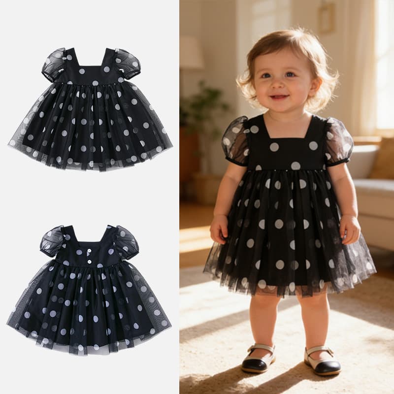 Cross-border wholesale baby and children's clothing baby girl short-sleeved dress summer new white polka dot mesh see-through princess dress