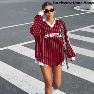 American Retro Sporty Color-Block Collar Striped Sweater for Women, Autumn Streetwear Casual Lazy Versatile Top