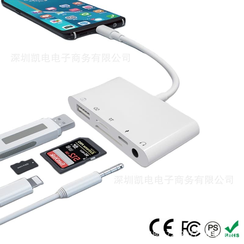 Compatible with iPhone 12/14, read USB flash drive, camera SD memory card, TF card, listen to music, plug in 3.5mm earphones, charge while listening, CE certified