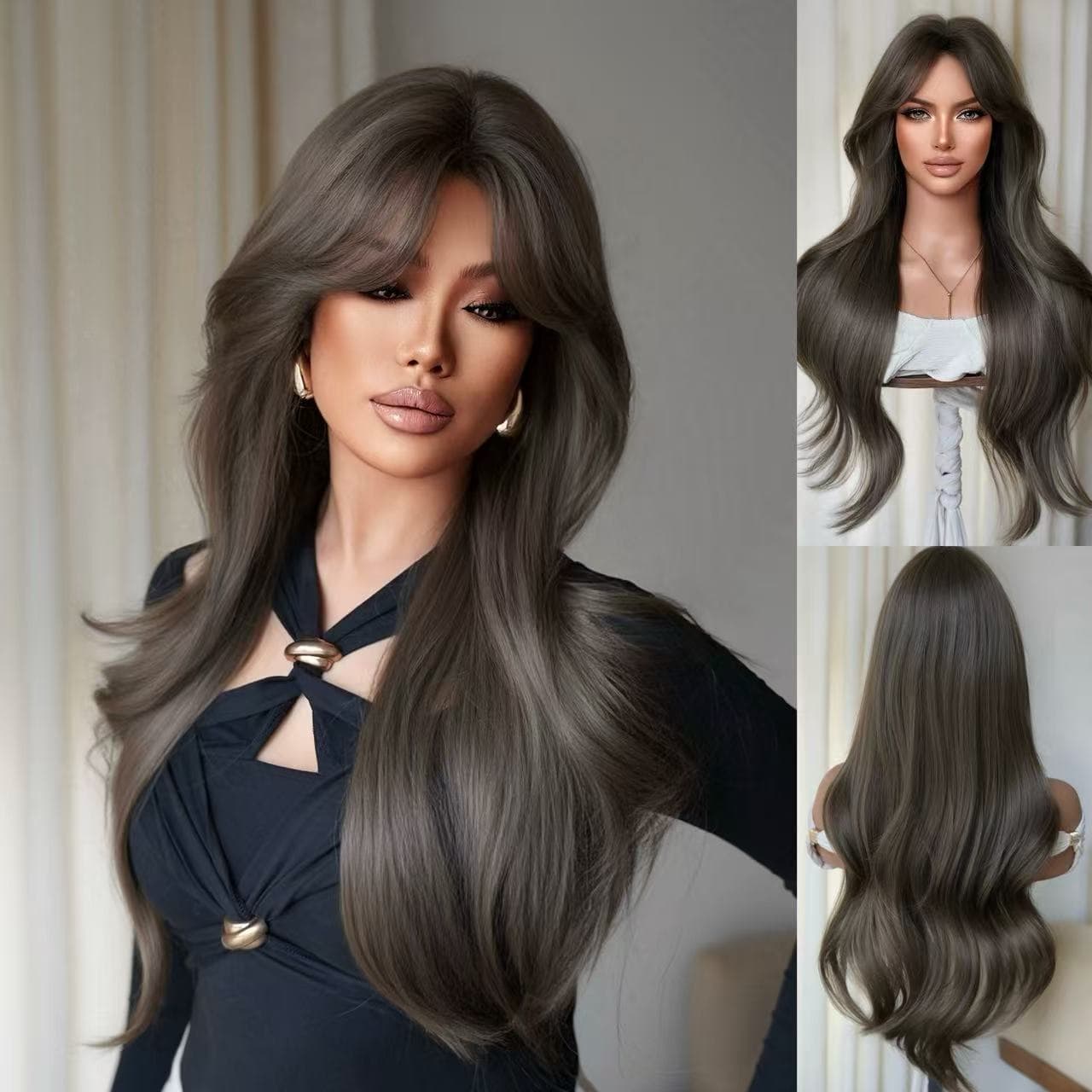 European and American Fashion Big Wave Wig Middle Part Long Curly Wig Natural Dark Brown Wig Machine-made Synthetic High Temperature Silk