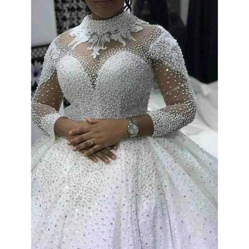 European and American Export High Neck Beaded Luxurious Long Sleeve Princess Style Bride Wedding Train Custom Bridal Gown