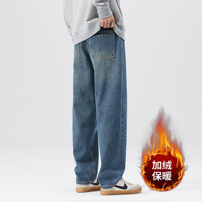 American trendy brand fleece-lined warm straight-leg jeans for men, 2025 autumn/winter new loose wide-leg drape long pants.