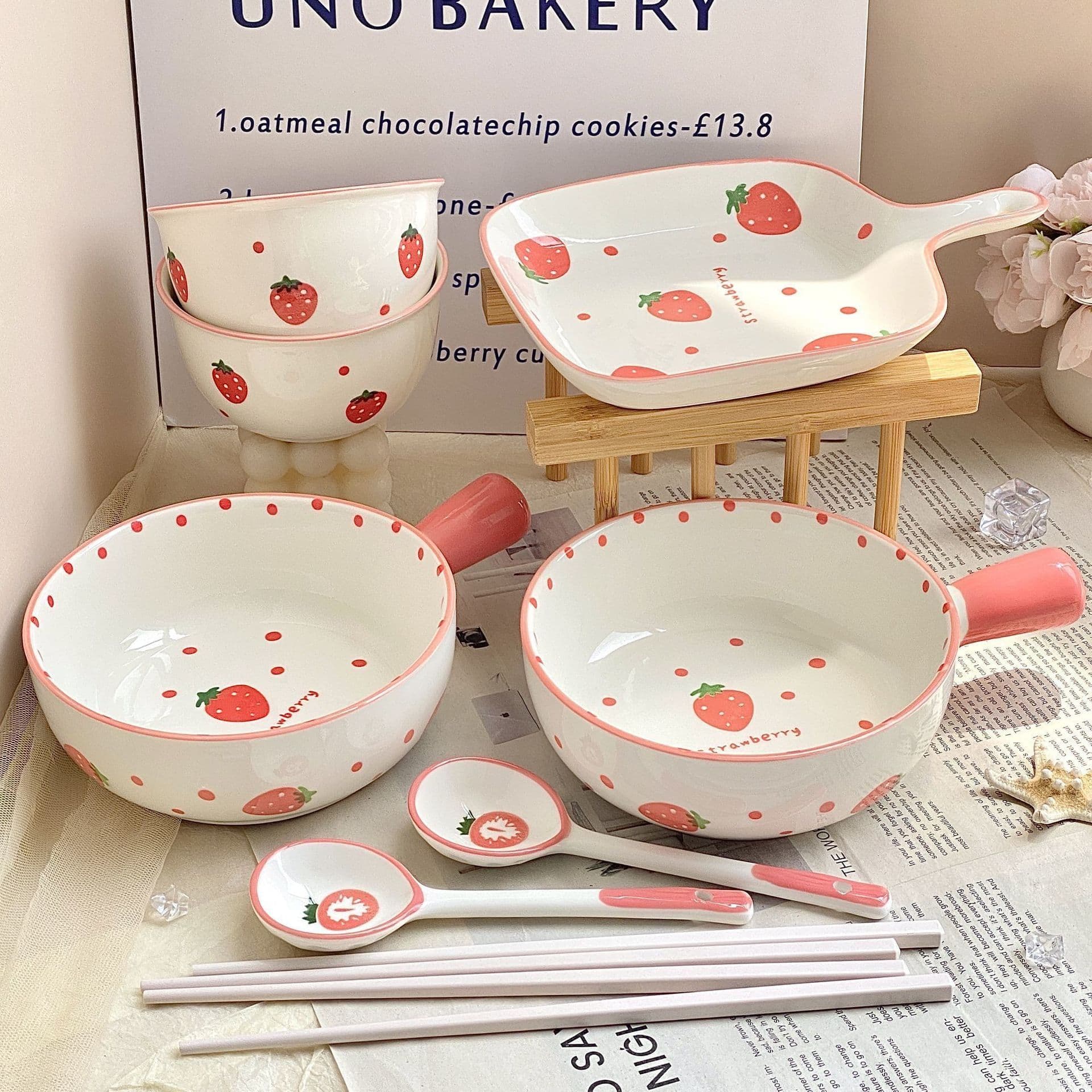 Polka Dot Strawberry One-Person Cute Handle Rice Bowl Set, Ceramic Underglaze Color, Noodle Bowl, Tableware for Girls