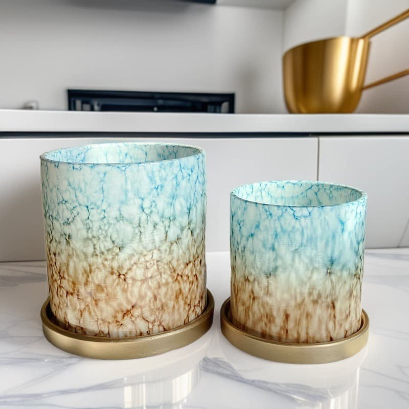 Ceramic Gold Base Plant Pot for Tropical Plants, Abstract Ocean Pattern, Large Size Export Flower Pot with Gold Base