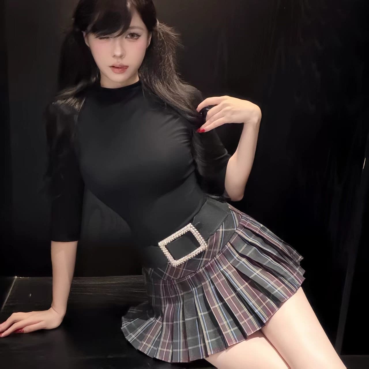 Women's Set Spring 2026 New Pure Style Hot Girl Black Short Sleeve T-Shirt Top Plaid JK Skirt Two-Piece Set