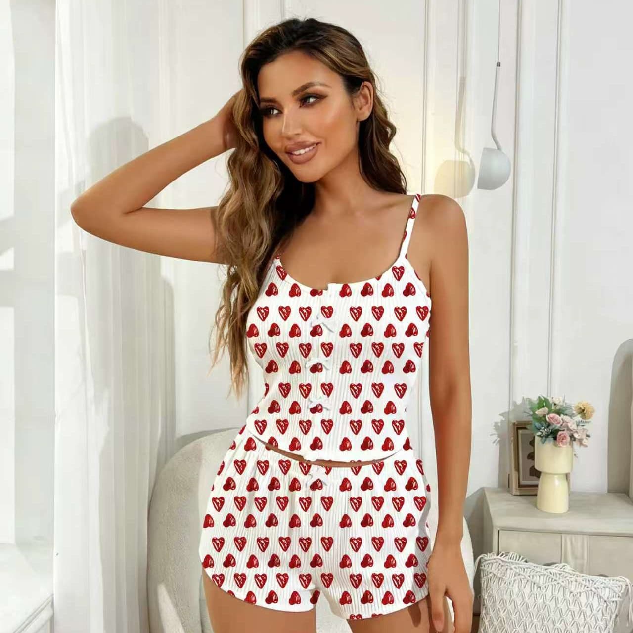 New Cross-Border Europe and USA Fashion Printed Heart Camisole and Shorts Pajama Set Trendy Loungewear Two-Piece Set