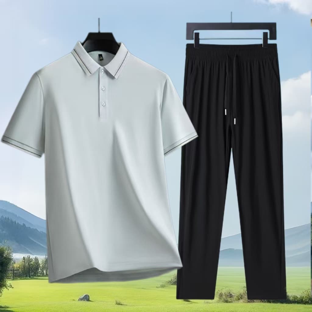 Summer Ice Silk Seamless Men's Set Middle-aged Dad Polo Shirt Two-Piece Set Short Sleeve T-Shirt and Pants