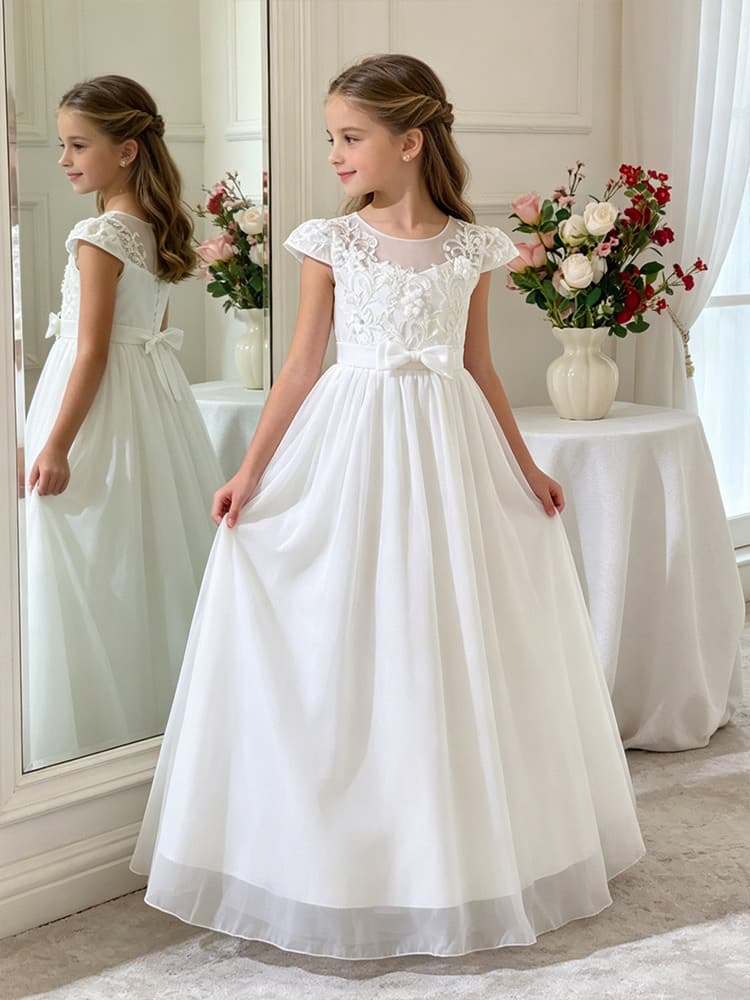 Cross-border European and American style girls' dress, white lace patchwork elegant French long dress, chiffon children's skirt, in stock