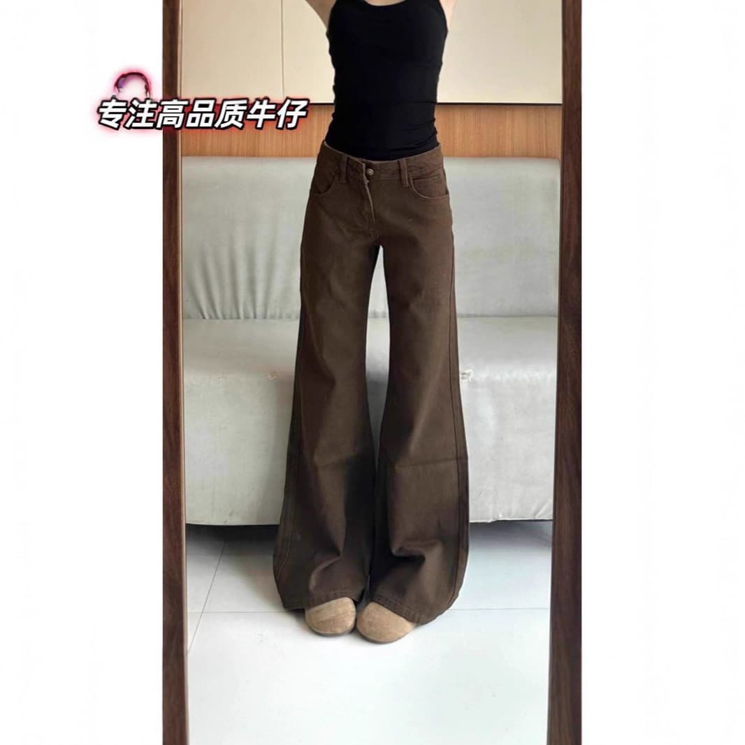 Petite Brown Flared Jeans for Women 2026 New Style Non-Skinny Low-Rise Loose Fit Slimming Floor-Length Wide Leg Pants