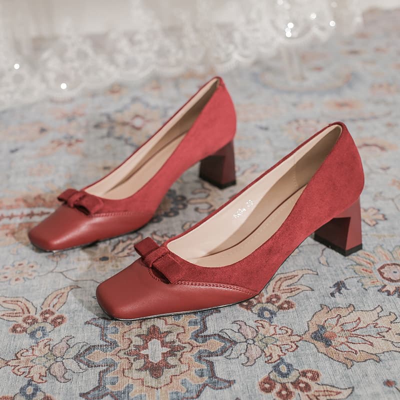 Women's Wedding Shoes Chunky Heel Square Toe High Heels Comfortable for Daily Wear Bride Shoes Red Festive Xiuhe Shoes Women's New Style